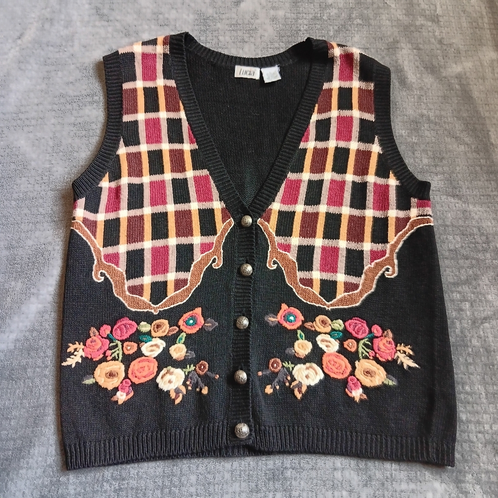 Vintage Dark Academia Floral Embroidery Knit Sweater Vest Cardigan Lucia Large